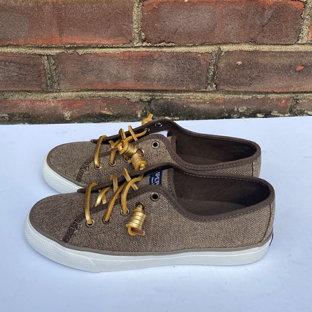 Sperry Top Sider Taupe & Gold Sparkle Seacoast Canvas Sneakers Size 5.5 NEW